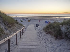 Wooden path through dunes leads to the beach, evening light and calm sea, langeoog, germany