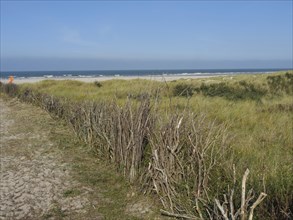 Path through a meadow to a secluded beach with sand dunes and blue sky, juist, east frisia, germany