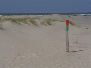 Sand dunes with waist-high dune grass and marked post near the beach under a blue sky, juist, east