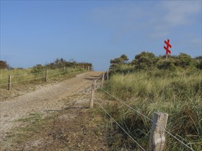 A sandy path leads through the dunes, bordered by a rope fence and a red signpost, juist, east