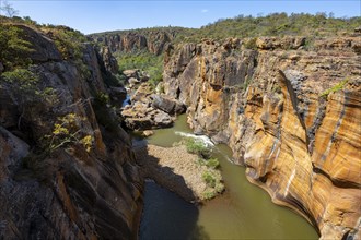 Canyon with steep orange-coloured cliffs with the Blyde River, Bourke's Luck Potholes, Panorama