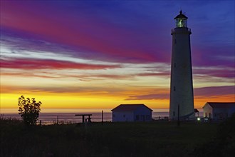 Lighthouse in a colourful sunset, St. Lawrence River, Gaspesie, Quebec, Canada, North America