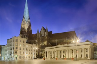 Market place with cathedral night Schwerin Germany