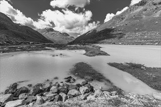 Glacial lake below the Moiry glacier, black and white photograph, near Grimentz, Val d'Anniviers,