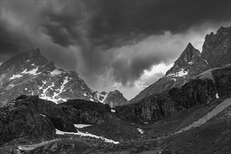 Dark clouds over the Valais Alps, black and white photo, near Grimentz, Val d'Anniviers, Valais