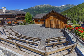 Paved village square for events with benches, historic village centre, Grimentz, Val d'Anniviers,