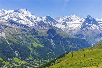 Alpine meadows at the summit of Corne de Sorebois, with the snow-covered peaks of Weisshorn,