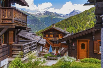 Interlocking old wooden houses, historic village centre, Grimentz, Val d'Anniviers, Valais Alps,