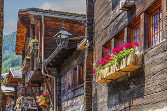 Old wooden houses with flower boxes in front of the windows, historic village centre, Grimentz, Val