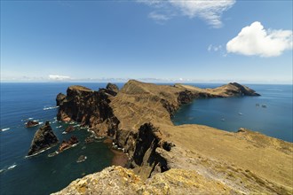 Sao Lourence Eastern Part of Madeira Island on Sunny Day. Abismo Viewpoint. Cliffs, Mountains and