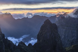 Pico do Arieiro. Mountains at Evening Twilight. Blue Hour. Cloud Inversion. Madeira, Portugal,