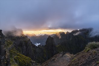 Pico do Arieiro. Mountains and Dramatic Clouds at Sunset. Madeira, Portugal, Europe