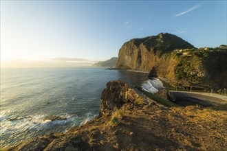 Penha d'Aguia Mountain, Faial Town and Atlantic Ocean in the Morning. Guindaste Viewpoint. Madeira,