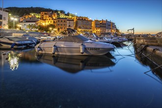 Beautiful historic skyline of a village on the Mediterranean, taken in the morning at sunrise on