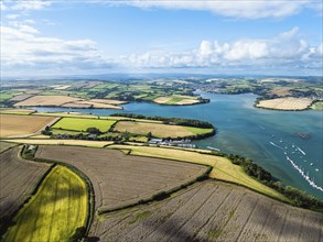 Salcombe and Mill Bay over Kingsbridge Estuary from a drone, Batson Creek, Southpool Creek, Devon,