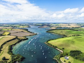 Salcombe and Mill Bay over Kingsbridge Estuary from a drone, Batson Creek, Southpool Creek, Devon,