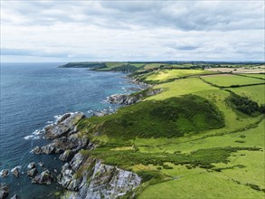 Cliffs over Mothecombe Beach and Red Cove from a drone, River Emme, Mothecombe, Plymouth, South