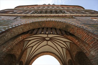 Vault in the entrance arch of the Lubeck Holstentor (Holsten gate), famous historic landmark in