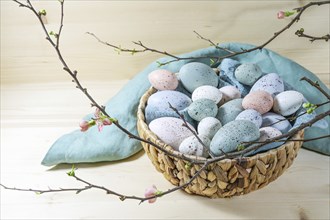 Many pastel colored Easter eggs in a basket and a branch with some flowers on a wooden table, copy