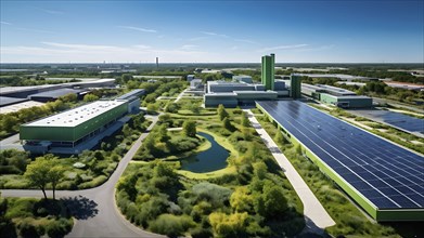 Aerial view showcasing a green factory symbolizing green washing concept, AI genrated, AI generated