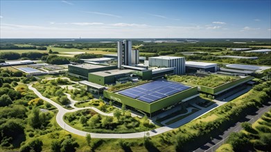 Aerial view showcasing a green factory symbolizing green washing concept, AI genrated, AI generated