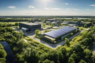 Aerial view showcasing a green factory symbolizing green washing concept, AI genrated, AI generated