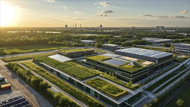 Aerial view showcasing a green factory symbolizing green washing concept, AI genrated, AI generated