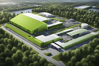 Aerial view showcasing a green factory symbolizing green washing concept, AI genrated, AI generated