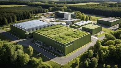 Aerial view showcasing a green factory symbolizing green washing concept, AI genrated, AI generated