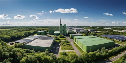 Aerial view showcasing a green factory symbolizing green washing concept, AI genrated, AI generated