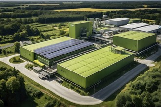 Aerial view showcasing a green factory symbolizing green washing concept, AI genrated, AI generated