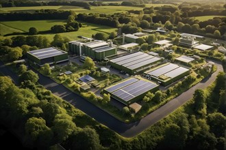 Aerial view showcasing a green factory symbolizing green washing concept, AI genrated, AI generated