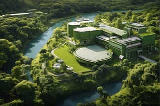 Aerial view showcasing a green factory symbolizing green washing concept, AI genrated, AI generated