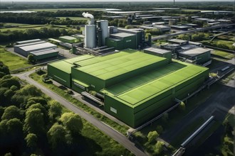 Aerial view showcasing a green factory symbolizing green washing concept, AI genrated, AI generated