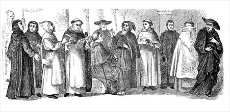 Religious costumes in the year 1880, from left: white bustle in Rome, Benedictines, Cistercians,