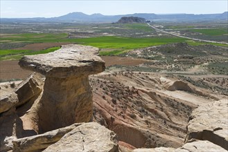 View from a striking rock formation over an extensive desert landscape with green fields, Bardenas