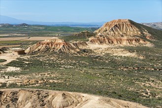 Vast desert landscape with striking rock formations and sparse vegetation under a clear sky,