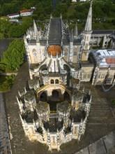 Clear aerial view of a Gothic cathedral with symmetrical view and impressive detail work, aerial