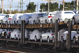 Bremerhaven, 29/09/2010 A goods train loaded with new Audi vehicles in Bremerhaven. The vehicles