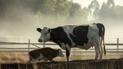 A cow and her calf stand together in a misty field in the morning and convey calm, AI generates, AI