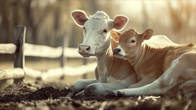 A cow and a calf lying together in a meadow at sunset radiate peace and camaraderie, AI creates, AI