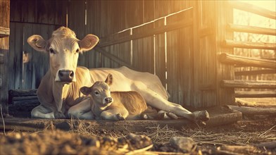 A cow and calf resting in a warm, sunlit barn, reminiscent of a quiet and peaceful rural setting at