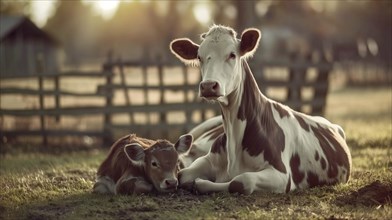 A cow lies with her calf in a peaceful rural field at sunset, emphasising the calm and serene