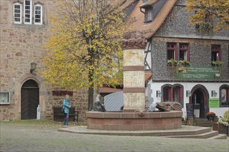 Market square with fairytale fountain, autumn, Steinau an der Strasse, Spessart, Hesse, Germany,