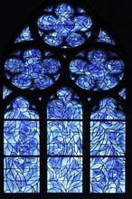 Blue church windows by Charles Marq, pupil of Marc Chagall, monochrome, blue, black, silhouette,