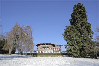 Villa Borgnis spa hotel with spa gardens in winter with snow, Königstein, Taunus, Hesse, Germany,