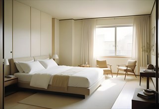 Minimalist bedroom with neutral colors, a large window, and cozy natural light, AI generated