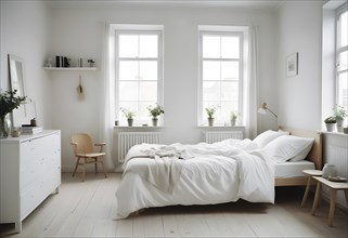 Cozy minimalist bedroom with white decor, natural light, plants, and modern Scandinavian wooden