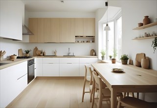 Minimalist kitchen with bright natural light, wooden furniture, and modern white cabinets, AI