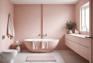 Contemporary bathroom with minimalist pink walls, a freestanding tub, and sleek fixtures, AI